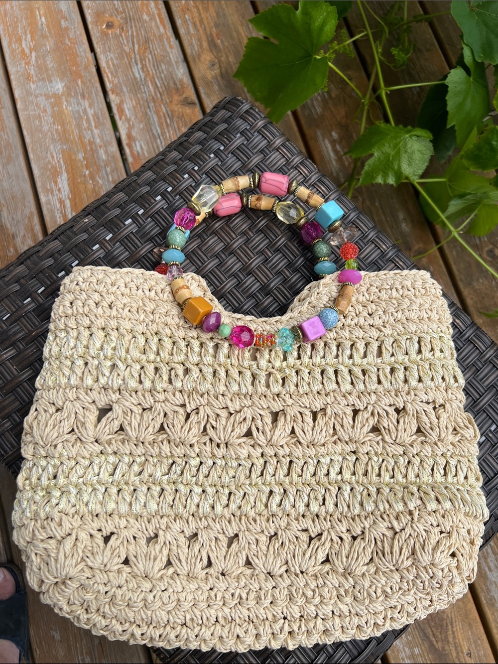 Cappelli Straworld Cream Crochet Tote with Multicolor Beaded Handles
